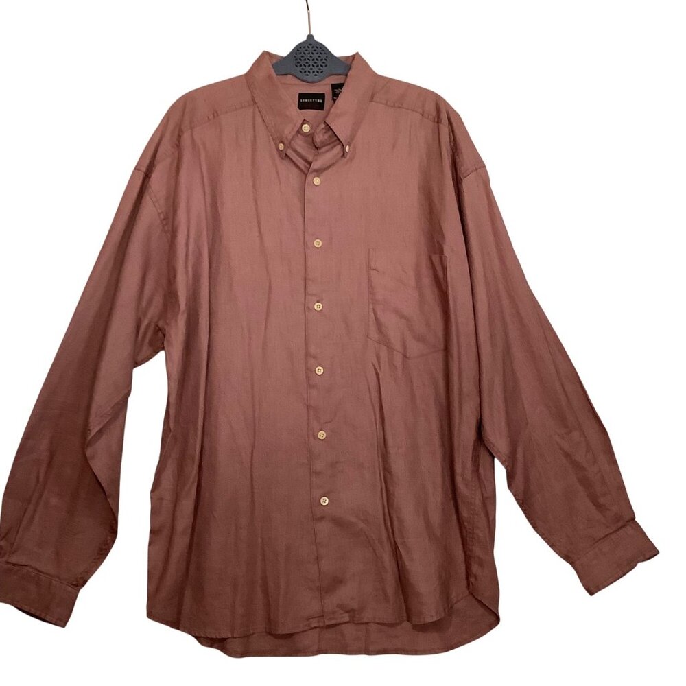 Structure 100% Linen Button-Down Shirt Long Sleeve Men Large‎ Rosewood Color NEW